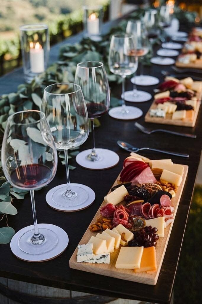 A long tasting board of cheeses and charcuterie set with wine glasses