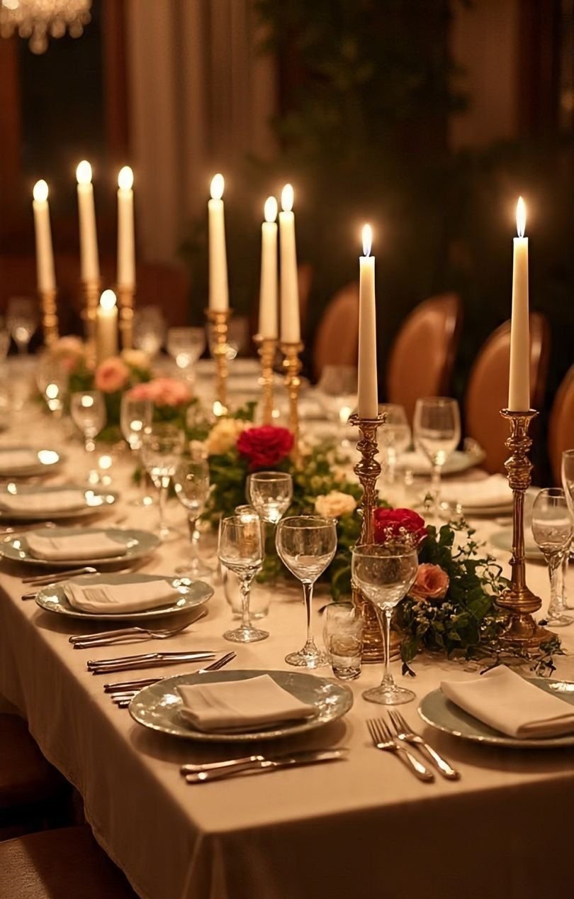 A formal candlelit table set with red roses